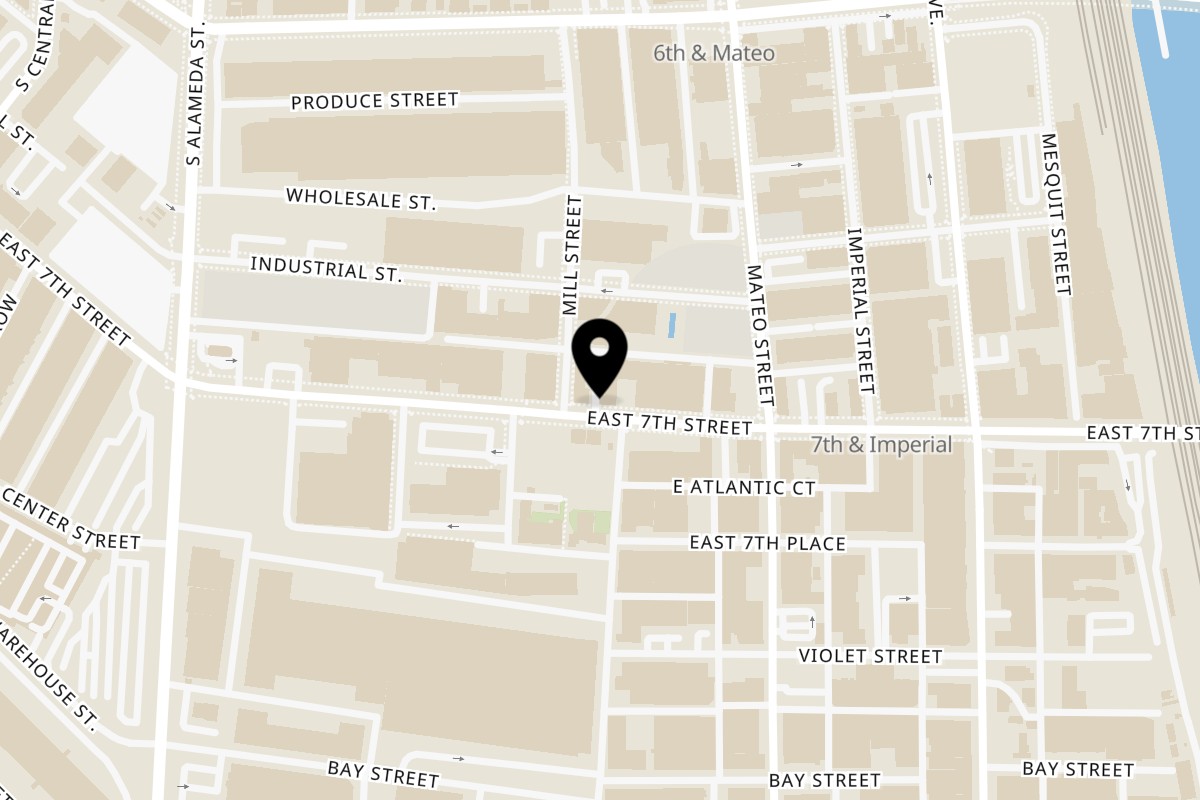 Map showing the location of Bang Bang Noodles on 1809 E 7th St in Los Angeles